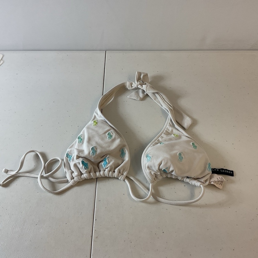 Ralph Lauren Ivory Embroidered Triangle Halter Bikini Top Adjustable Logo Rare L